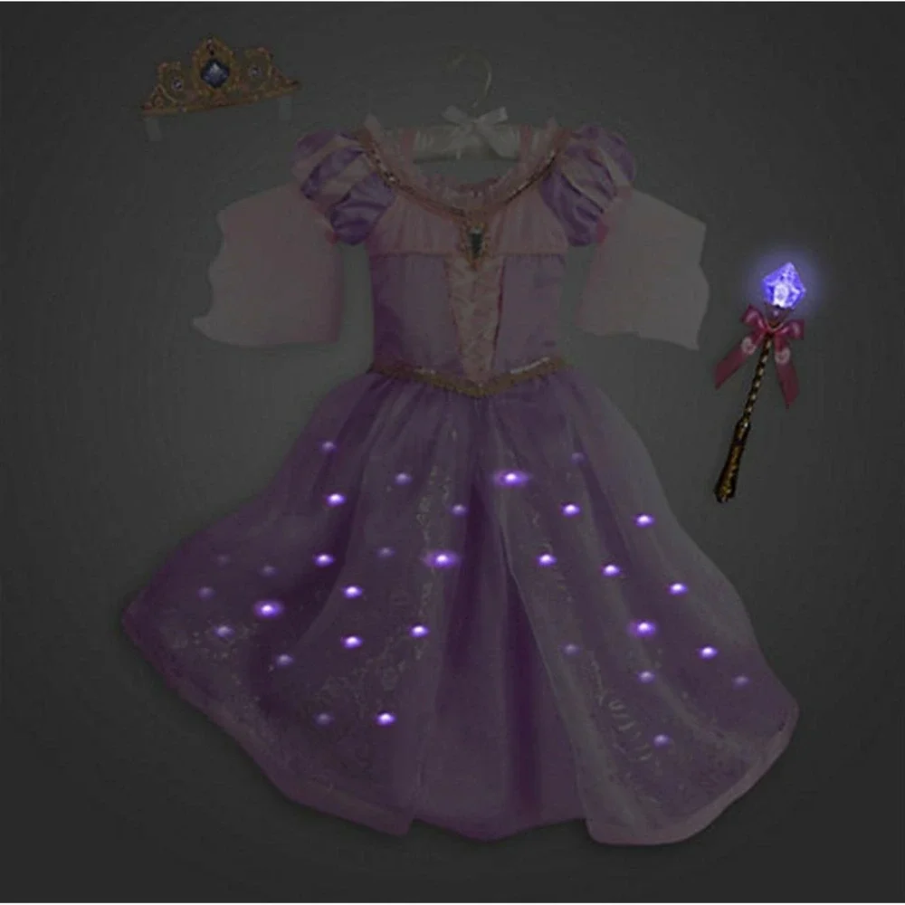 New Disney Store Girls 7/8 Rapunzel Deluxe Costume Set with Light Up Wand Tiara